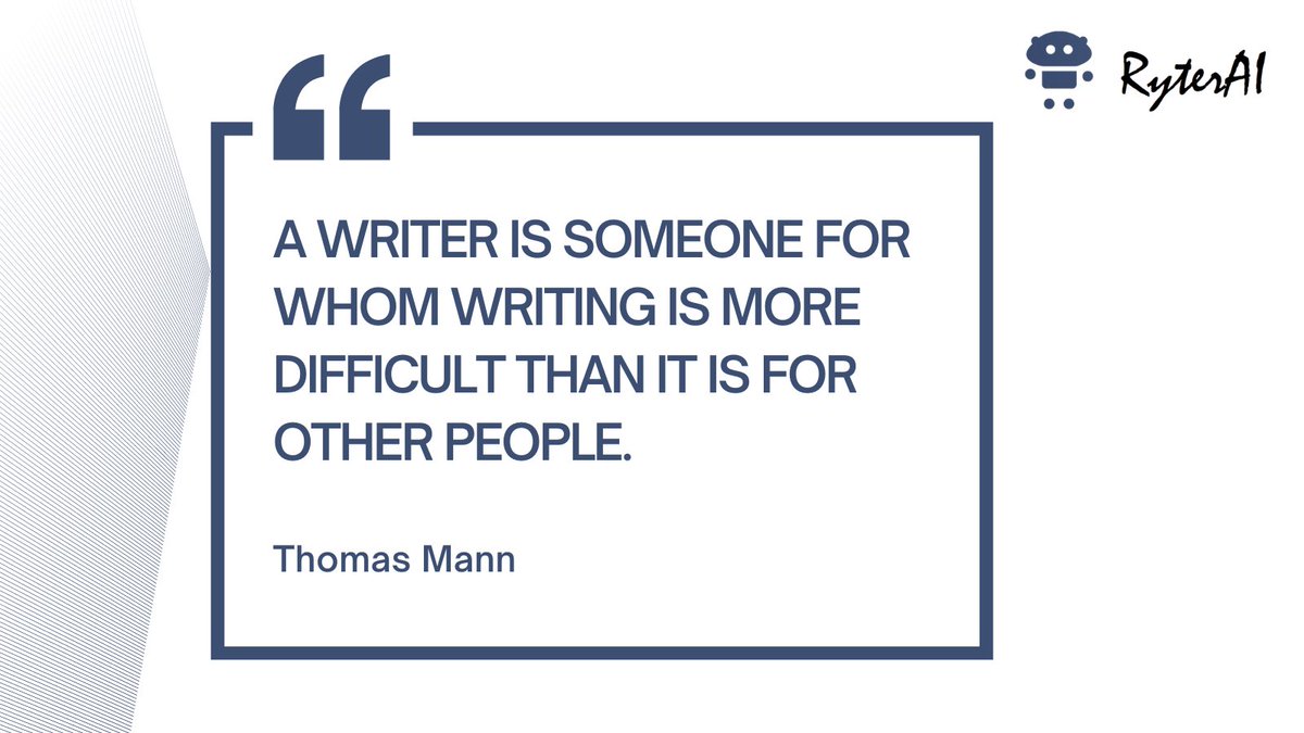 Not_done_yet_99's tweet image. "A writer is someone for whom writing is more difficult than it is for other people." --Thomas Mann
#ryterai #writer #contentgenerator #contenttransformer #blogging #content #Digitaladvertisement #blogcontent #Socialmediacontent