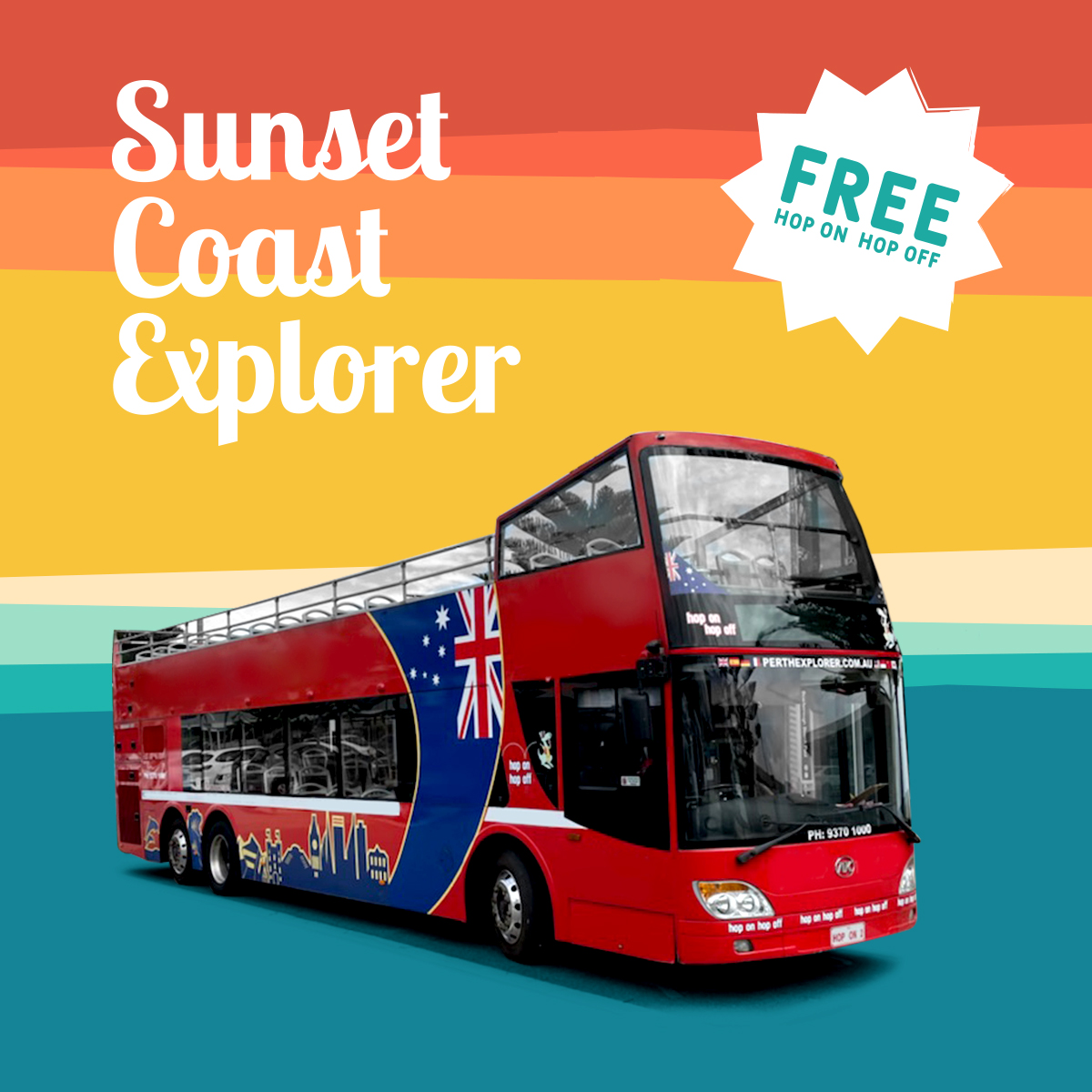 Take the family for a ride aboard the #sunsetcoastexplorer, commencing operation Sat 23 Oct! Running from Whitfords - Scarborough every Saturday & Sunday for 13 weeks, soak up the sun on WA's ONLY open-top bus for FREE! Click the link for more! 🚌destinationperth.com.au/bustimetable #seeperth