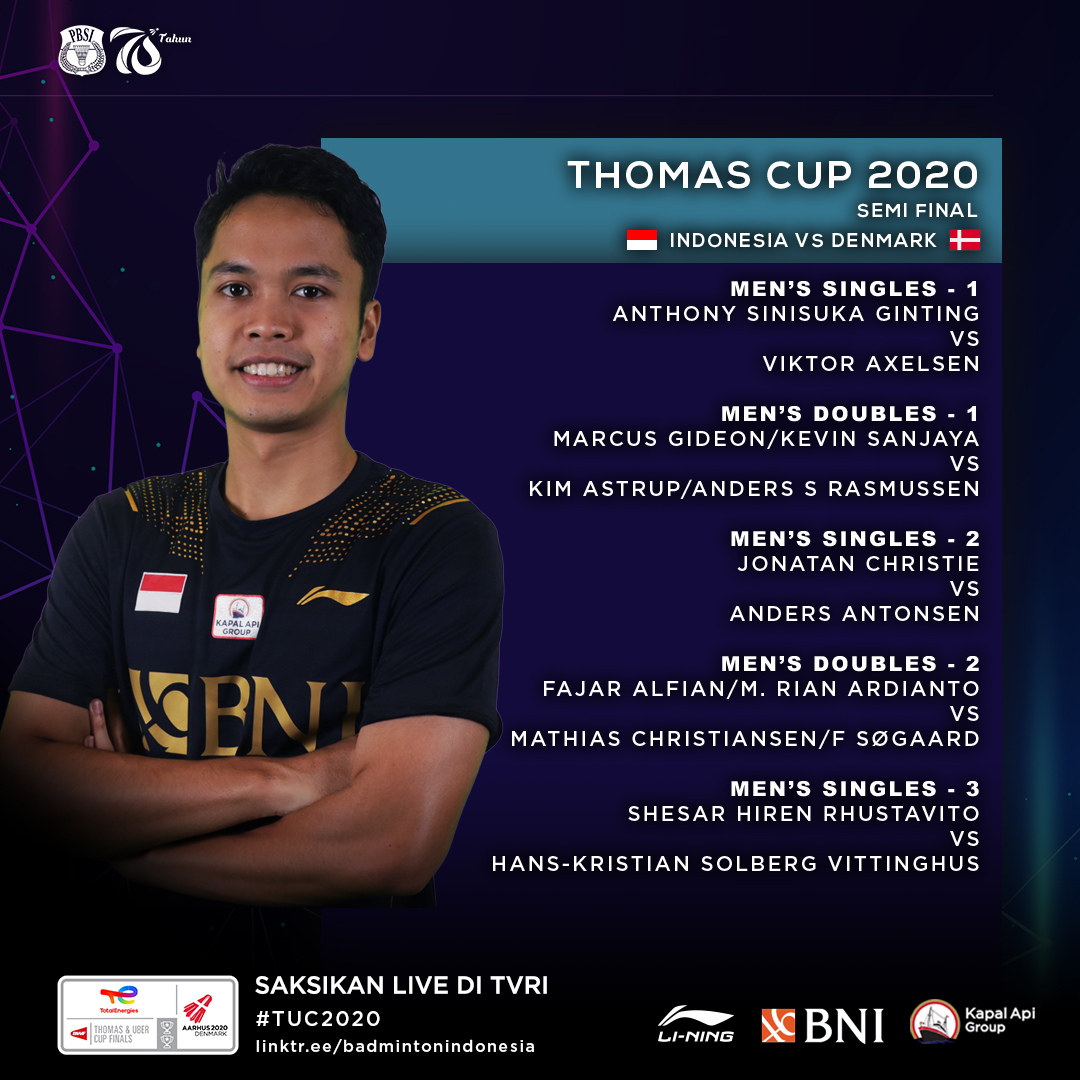 Tidak ada perubahan komposisi tim! Indonesia siap hadapi Denmark.

Mulai pukul 18.00 WIB live di TVRI.

#BadmintonIndonesia #TUC2020 #ThomasCup2020 #ThomasCup