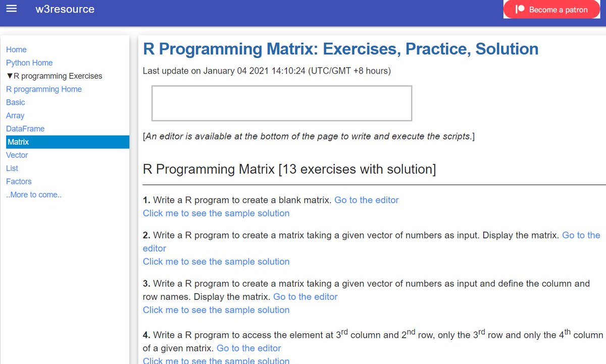 MiliDinat's tweet image. Day 03!
I am learning the R programming language.
Today I have practiced some exercises of Matrix from the W3 resource.
#100DaysOfCode
#R_Programming