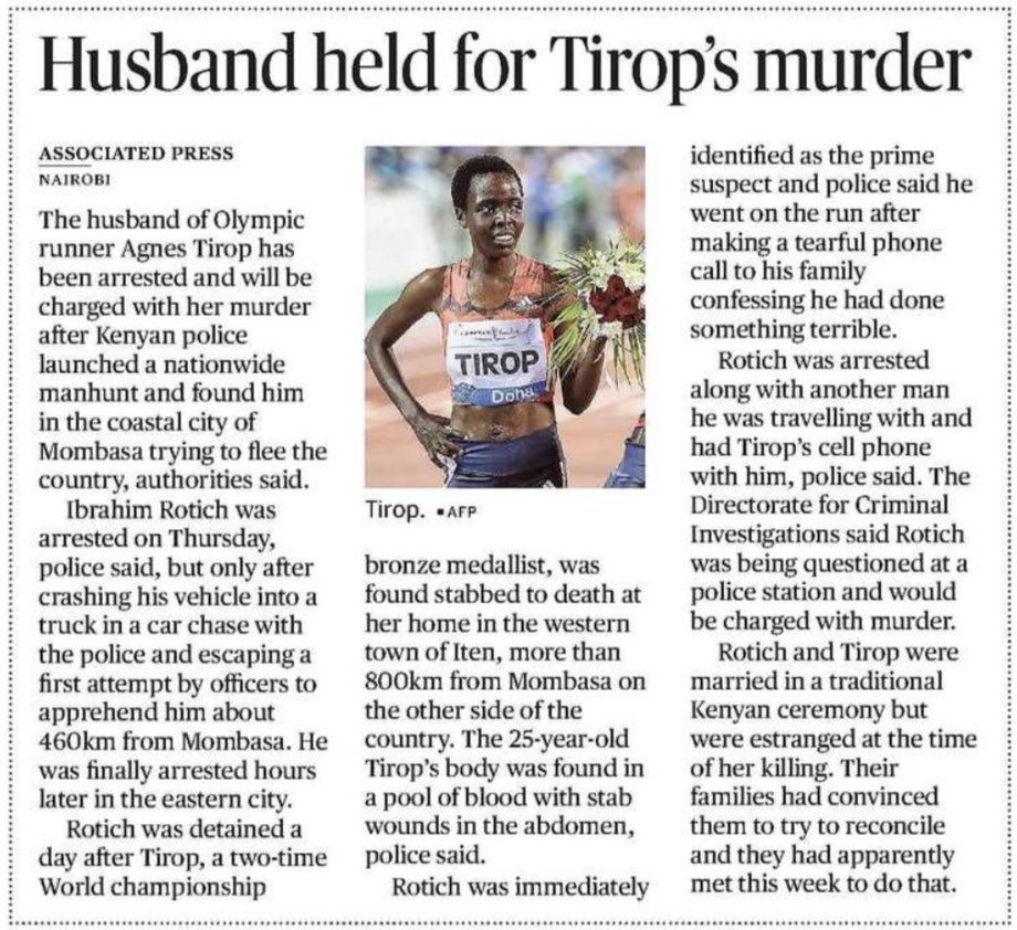 fotobaba's tweet photo. Leave your partner when you see the first sign of physical abuse. It’s not worth a second try. #tirop #kenya #RipTirop https://t.co/JKIdGSDSNv