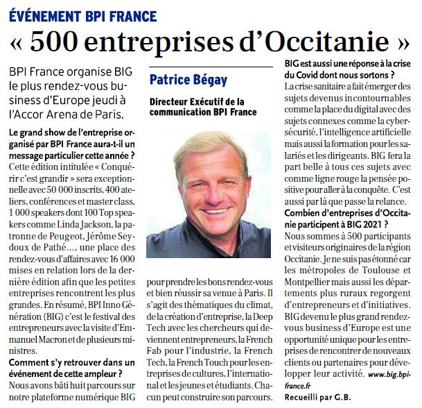 patricebegay's tweet photo. Le digital ne nous a pas épargnés,il nous a sauvés. Mais rien ne remplace la #proximité humaine. Nous avons besoin de nous retrouver. Le retour des #événements comme #Big2021 est essentiel pour construire notre avenir. Celui de nos #entreprises et de la 🇲🇫 @ladepechedumidi https://t.co/kyaz5QHGjq