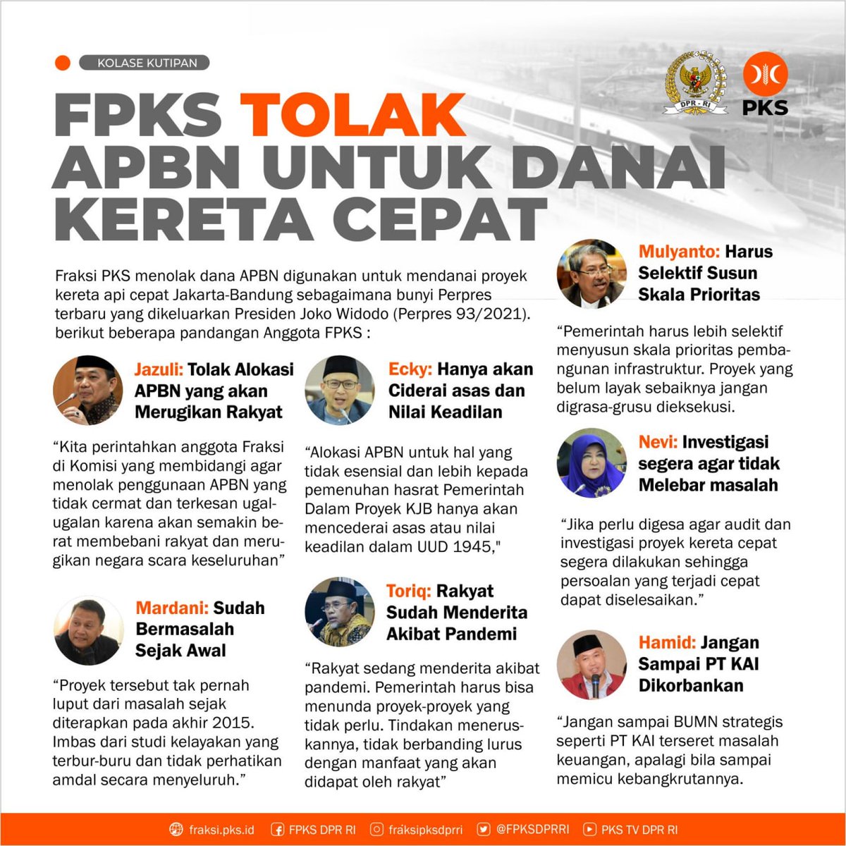 [SIKAP FPKS DPR RI]

FPKS TOLAK APBN UNTUK DANAI KERETA CEPATl

APBN untuk mendanai kereta cepat akan  bertentangan dengan asas keadilan dan tidak sesuai dengan skala prioritas di masa pandemi ⚠️

#fraksipksdprri
#BersamaMelayaniRakyat
#pksawasikabinet
#keretacepat