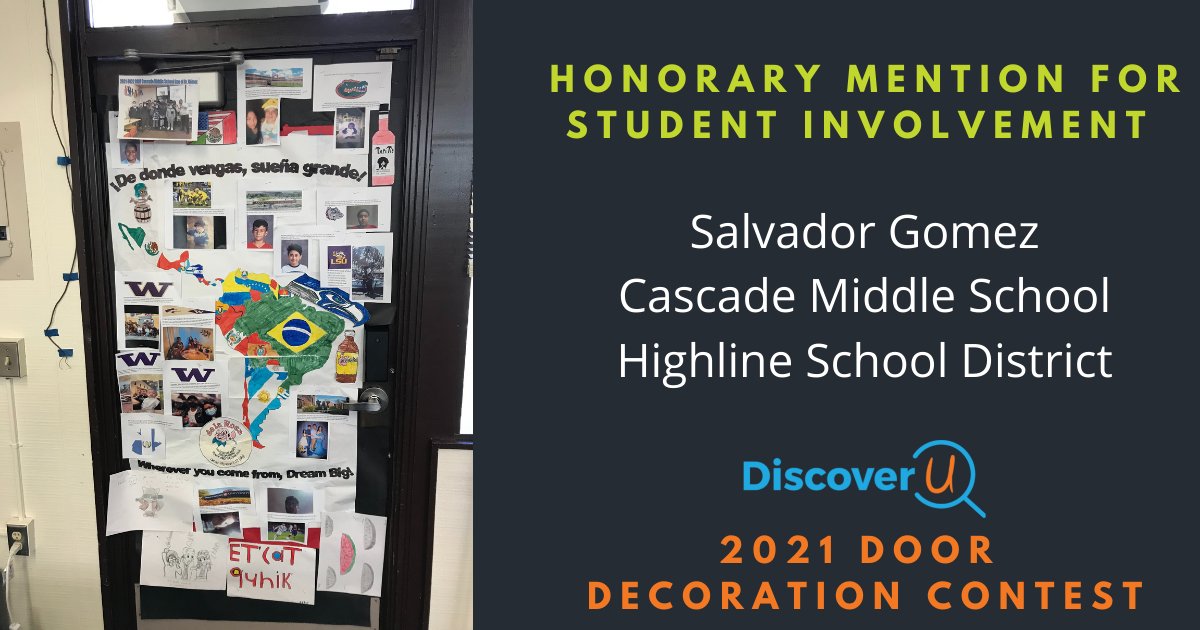 discoveruwa's tweet photo. Congratulation to our winner of the 2021 Door Decoration Contest!

Most Creative: Allison Wiener, Renton School District
Honorary Mention for Student Involvement: Salvador Gomez, Highline School District https://t.co/R3tidTTJjb