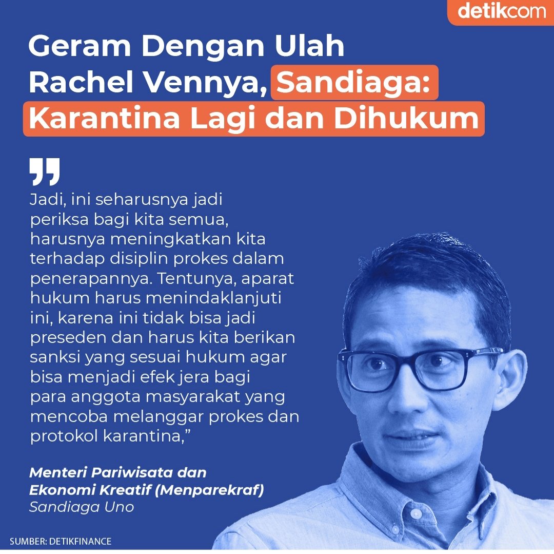 Tegas dan Benar! Terimakasih Pak Menteri <a href="/sandiuno/">Sandiaga Salahuddin Uno</a> @Kemenparekraf untuk menjaga keselamatan kita bersama. Sudah cukup bangsa kita yang positif dan meninggal karena Covid-19. Ayo saling menjaga, diri kita, keluarga, tetangga, dan saudara sebangsa ~ #BungFADJROEL <a href="/JubirPresidenRI/">StafKhususPresiden_Komunikasi</a>