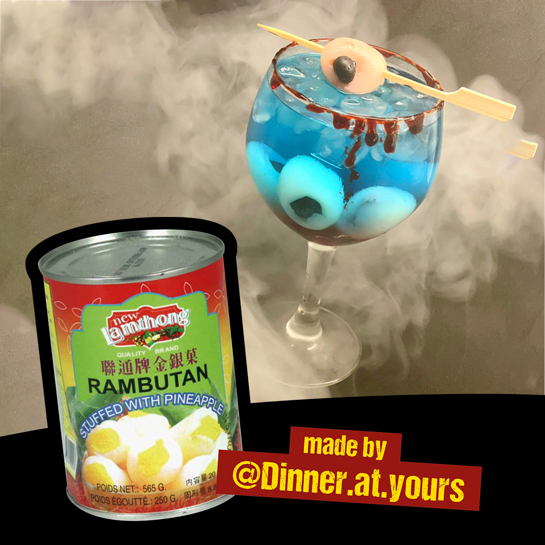 Let's toast spooky season! 🥂With this devilish cocktail by <a href="/dinner/">오정식(정식다섯)</a>.at.yours. 

Poisoned Blue Raspberry Brew 🔮

Is there anything he can't do? 😇

#spookyseason #halloween #cocktails #trickortreat #lychees #rambutan #lamthong #halloweenideas #halloweenfoodideas