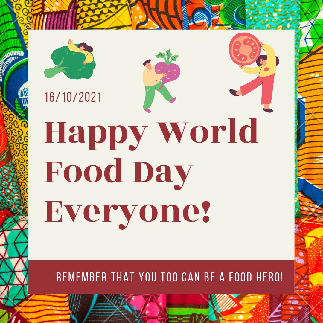 Happy World Food Day! Today we remember that not everyone has the same access to safe, healthy, nutritious food! You too can be a Food Hero if you take a good look at your diet and try and eliminate any waste! It is vital that we address the issues in our food systems! Eat safe!