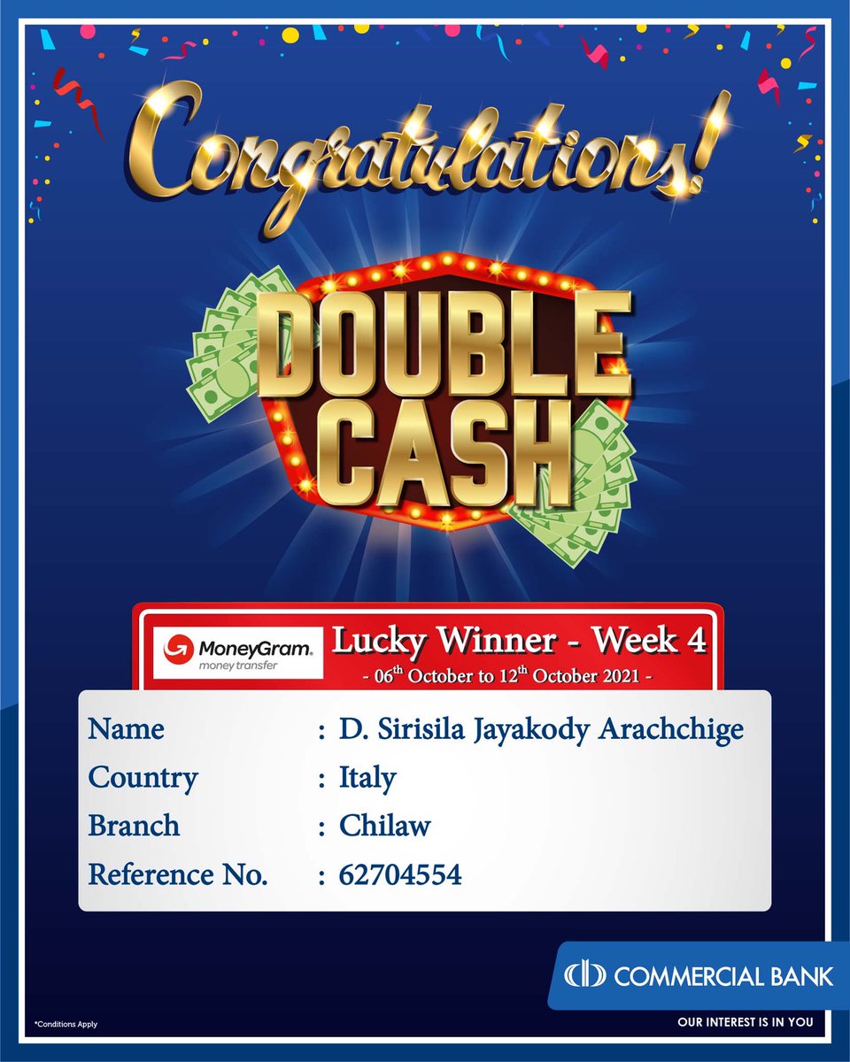 ComBank_LK's tweet photo. Double Cash lucky winner of the fourth week. For more info - https://t.co/oVrZztNk3x
#ComBank #DoubleCash #MoneyGram https://t.co/fUvaHwVdw0