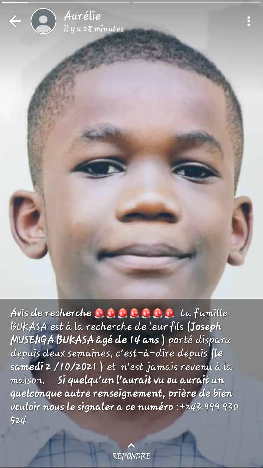 #Urgent: Joseph Musenga, âgé de 14 ans est porté disparu depuis le samedi 02. Octobre. 
Sa famille en pleine inquiétude, partagez massivement peut-être quelqu’un ici aurait des renseignements.