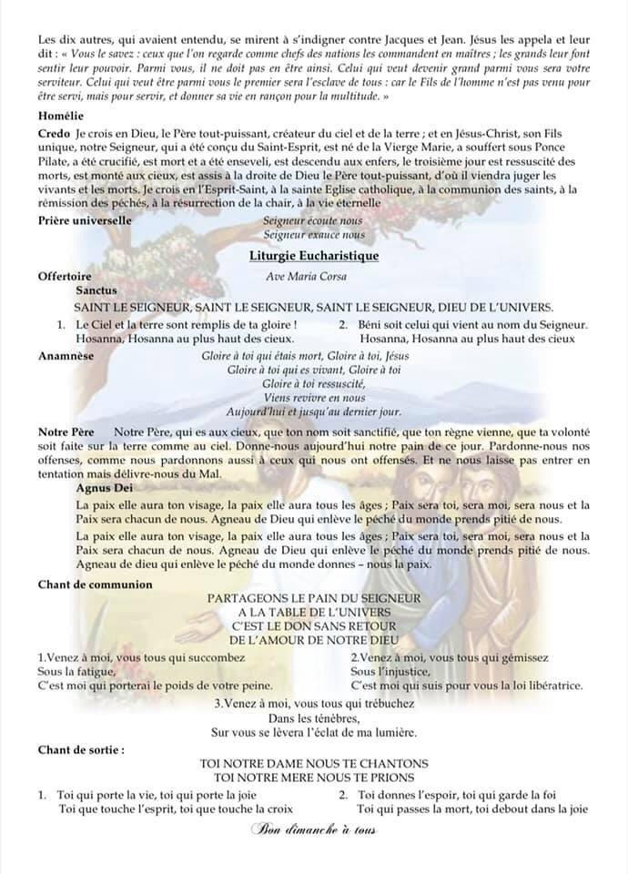 La messe dominicale sera célébrée demain à 11h en l’église Ste Lucie.