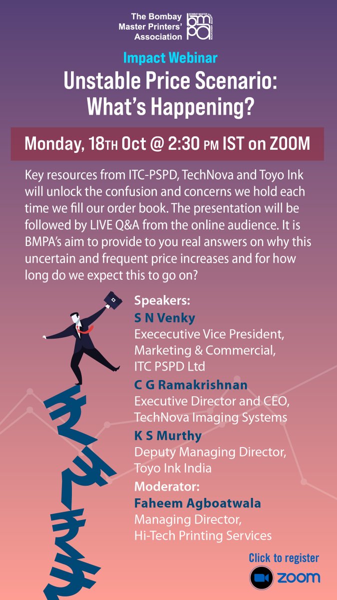 TheBmpa's tweet photo. #TeamBMPA aims to provide you with answers on uncertain and frequent price rise, and for how long do we expect this to go on? Share your worries and get answers from key persons at @ITCCorpCom, @TechNovaWorld and Toyo Ink. Register for #ImpactSession at https://t.co/PLuqMVffVU https://t.co/GZepyCFkq5