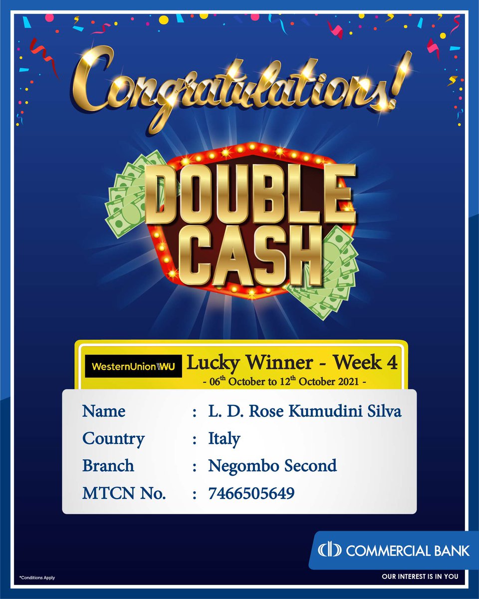ComBank_LK's tweet photo. Double Cash lucky winner of the fourth week. For more info - https://t.co/oVrZztNk3x
#ComBank #DoubleCash #WesternUnion https://t.co/coj8WnjXFE