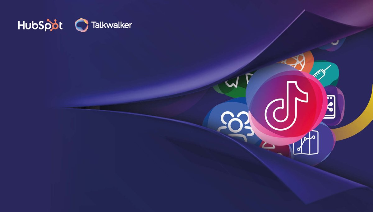 Talkwalker and HubSpot logo top left. Blue background is split horizontally, revealing icons, that includes the TikTok logo. Ready for the big reveal?