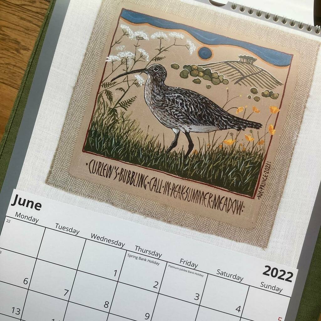 Folk art Calendar 2022
June is Curlew’s bubbling call in Peak Summer meadow.  The calendars are £20 each or £38 for two inc P&amp;p from ift.tt/38oBd0o
Also available at @haddonhall popup shop 18-24 Oct and @cromfordgallery for November 🥳
.
.
.
#calendar2022 #folkart #…