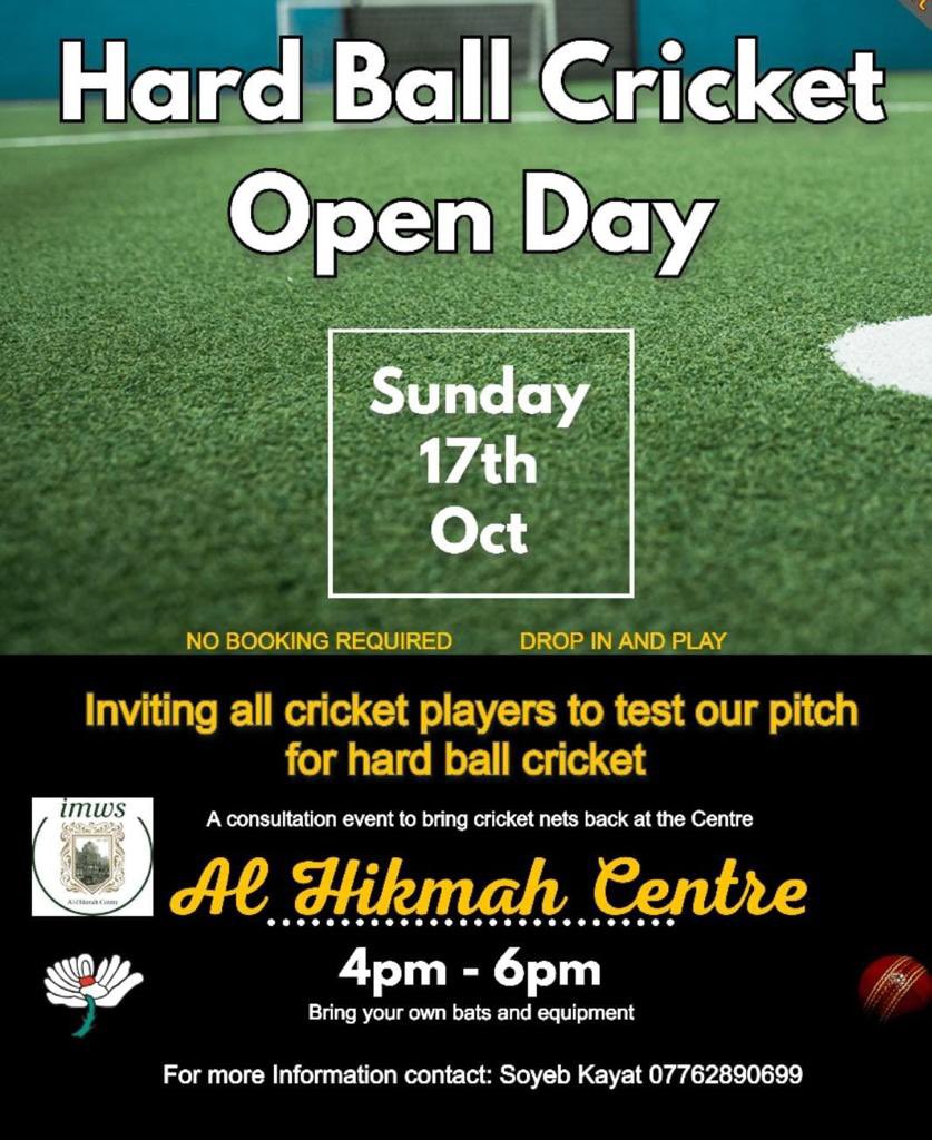 BatleyCC's tweet photo. Fancy playing cricket indoor #cricket on Sunday. 

Why not check out the new indoor pitch at the Al Hikmah Centre in Batley this Sunday. 

(Off Track Road) Batley Batley WF17 7AA

All enquiries contact Soyeb On 07762 890 669 https://t.co/DKEG6bJhhb