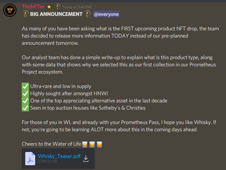 PrometheusNFT's tweet photo. 🚨 ALERT!

The team has decided to release more information TODAY instead of our pre-planned announcement tomorrow.

Do check our Discord server for more details about our first upcoming NFT collection 🥃 https://t.co/m4Iy17Cksi