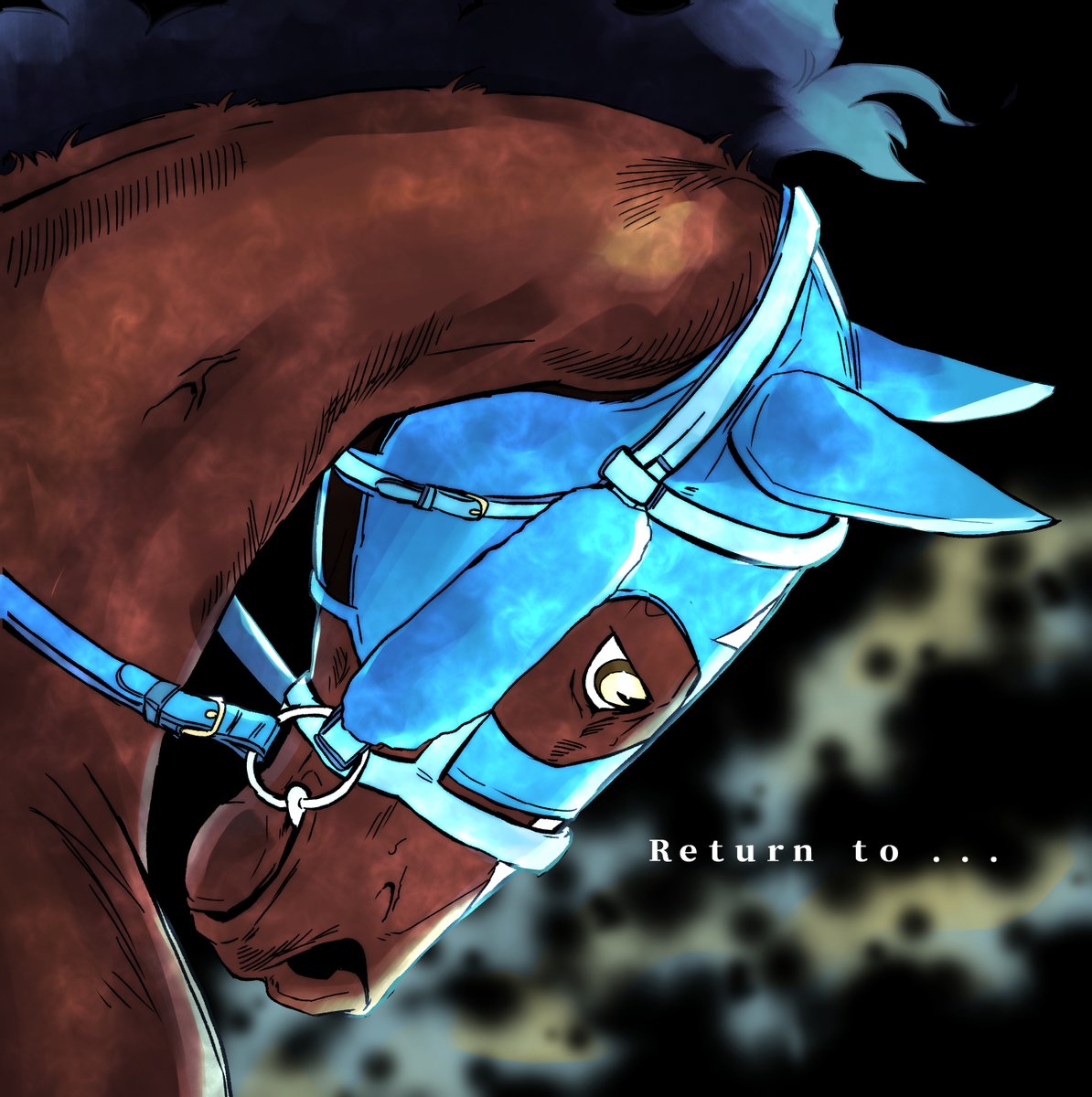 horse solo no humans english text yellow eyes black background male focus  illustration images