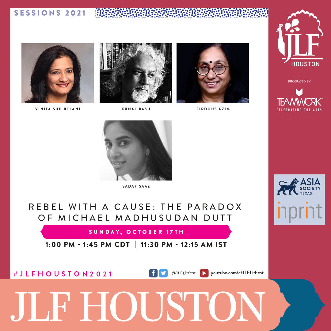 Rebel with a cause: MMD - Celebrating Bengal’s maverick poet extraordinaire! Do tune in for what promises to be a lively session! <a href="/JLFLitfest/">JLF International</a> #jlfhouston Sunday 17th October. Tks to  <a href="/NamitaGokhale_/">Namita Gokhale</a> <a href="/SanjoyRoyTWA/">Sanjoy K Roy</a> <a href="/DalrympleWill/">William Dalrymple</a> <a href="/kunalbasu100/">Kunal Basu</a>, Firdous Azim, Vinita Belani