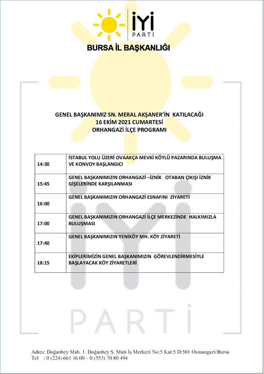 Günlerden #MeralAkşener
#BaşbakanGeliyor 
Tüm dostlarımızı bugün Orhangazi'ye bekliyoruz.