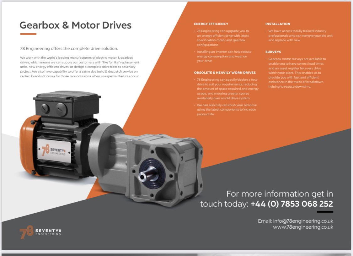 78Engineering's tweet image. 78 Engineering latest! Our Gearbox Offering Brochure highlights our core products and services related to Industrial Gearboxes
Email sales@78engineering.co.uk