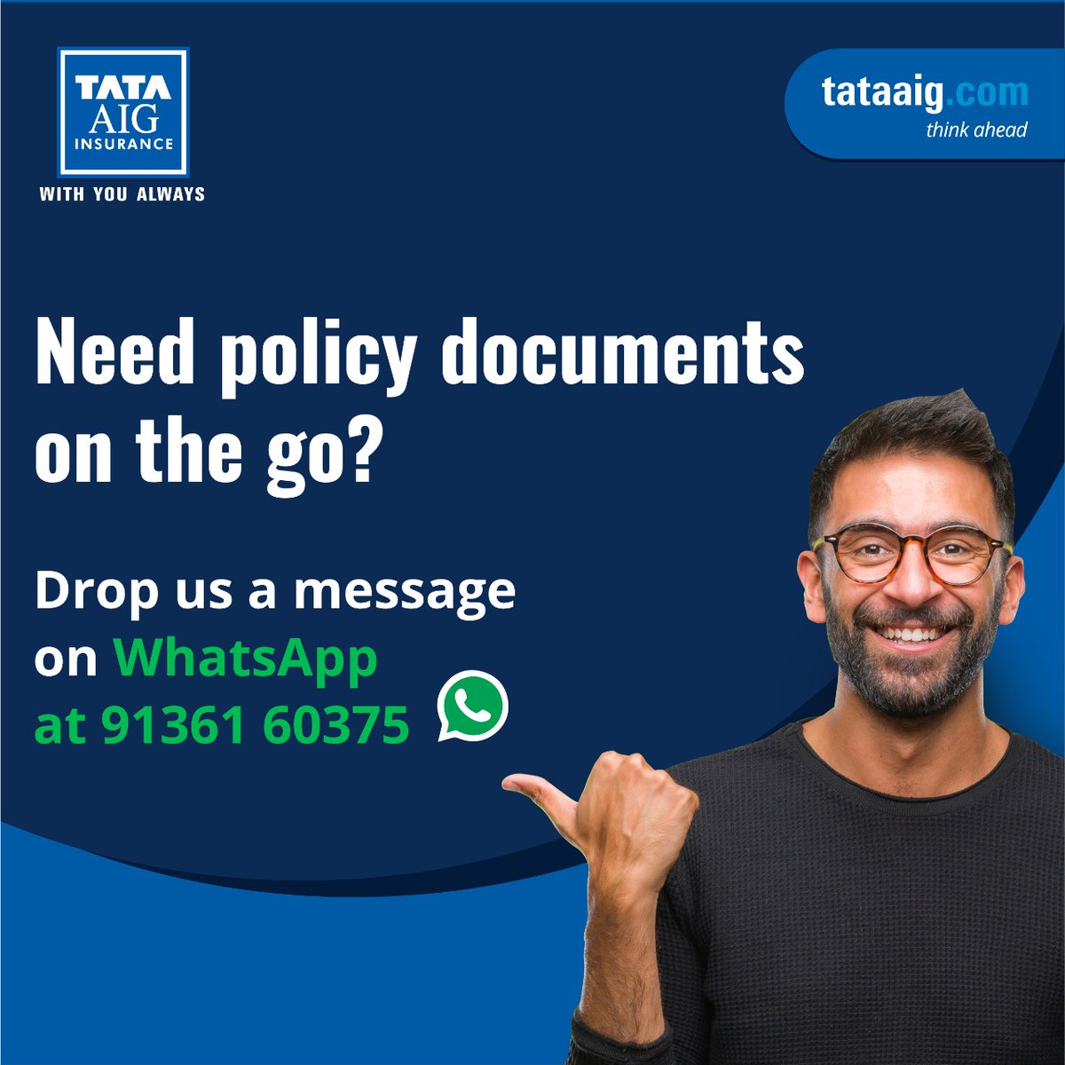 TATAAIGIndia's tweet photo. Now, finding anything related to your policy is very easy! Stay insured and hassle-free, always! Reach out to us on WhatsApp at 91361 60375.

 #tataig #withyoualways #talktous #whatsapp #chat #planright #thinkahead https://t.co/SuDTab4D6p