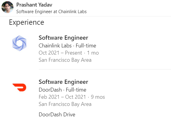 LinkiesLeaks's tweet photo. 8 years at @microsoft, 7 years at @Google, almost 1 year at @DoorDash and now @chainlink! 
Welcome Prashant! https://t.co/YLnkNvm9VY