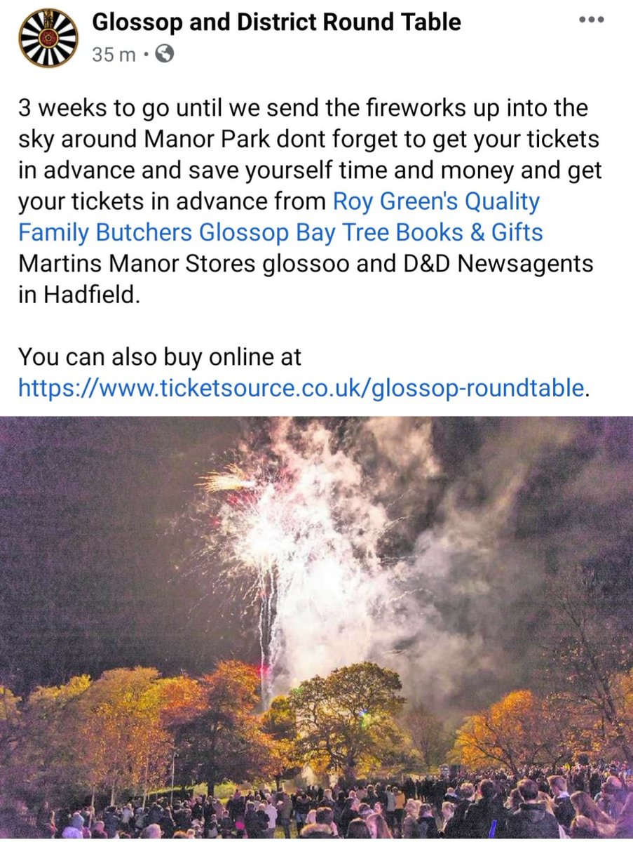 3 weeks to go until the Manor Park Bonfire. You can buy in the shops below or @ ticketsource.co.uk/glossop-roundt…