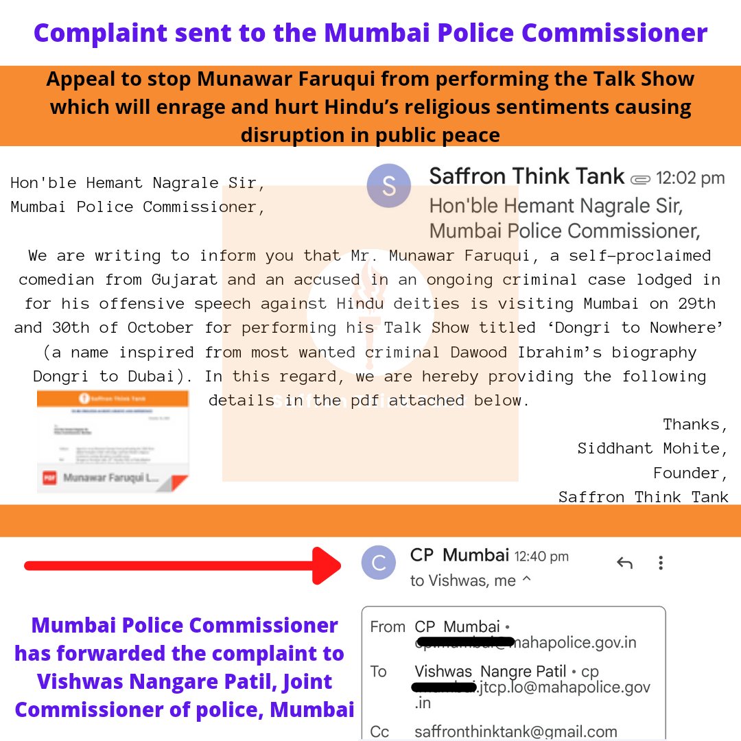 Siddhant Mohite (@siddhantmohite1) on Twitter photo I sent a written complaint to <a href="/CPMumbaiPolice/">Commissioner of Police, Greater Mumbai</a> regarding cancellation of
<a href="/munawar0018/">munawar faruqui</a>'s Show in #Mumbai. The CP has forwarded this complaint to Jt. CP #VishwasNangarePatil sir for further action.
<a href="/MumbaiPolice/">मुंबई पोलीस - Mumbai Police</a> <a href="/SaffronTank/">Saffron Think Tank</a>
Jai Hind!🇮🇳
#GoBackMunawar I sent a written complaint to <a href="/CPMumbaiPolice/">Commissioner of Police, Greater Mumbai</a> regarding cancellation of
<a href="/munawar0018/">munawar faruqui</a>'s Show in #Mumbai. The CP has forwarded this complaint to Jt. CP #VishwasNangarePatil sir for further action.
<a href="/MumbaiPolice/">मुंबई पोलीस - Mumbai Police</a> <a href="/SaffronTank/">Saffron Think Tank</a>
Jai Hind!🇮🇳
#GoBackMunawar