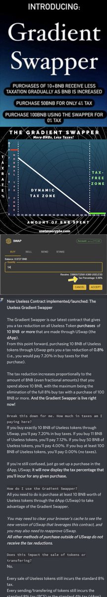 CaroKevint's tweet photo. New #Useless Contract implemented/launched: The Useless Gradient Swapper. The Gradient Swapper is our latest contract that gives you a tax reduction on all Useless Token purchases  of 10 BNB  or more that are made through USwap (the dApp).
@uselesscrypto @UselessArmy https://t.co/ChysYrmByQ