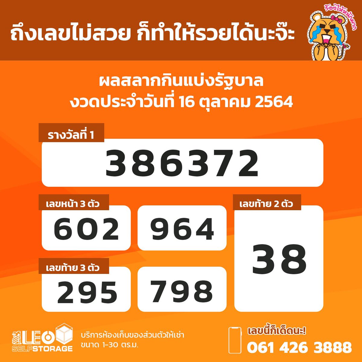 leoselfstorage's tweet photo. ถึงเลขไม่สวย ก็ทำให้รวยได้นะจ๊ะ 🎉 ผลการออกสลากกินแบ่งรัฐบาล งวดประจำวันที่ 16 ตุลาคม 2564
.
รางวัลที่ 1 👉🏻 เลขที่ออก 386372
รางวัลเลขท้าย 2 ตัว 👉🏻 38
รางวัลเลขหน้า 3 ตัว 👉🏻 602, 964
รางวัลเลขท้าย 3 ตัว 👉🏻 295, 798
.
#สลากกินแบ่งรัฐบาล
#ตรวจหวย
#หวย
#LEOSelfStorage https://t.co/atWayu3wWv