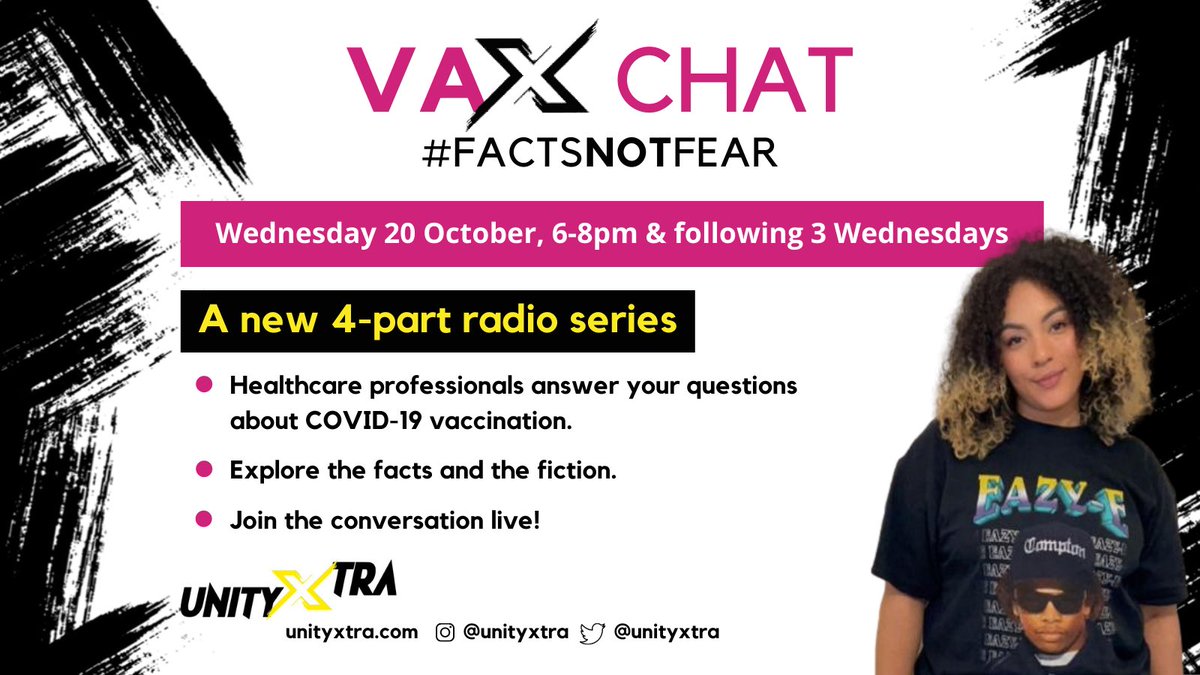 UnityXtra's tweet image. Vax Chat! A new 4-part series on UnityXtra starting on Weds 20th Oct. With the help of healthcare workers, we explore the facts &amp;amp; fiction of the vaccine. Join the conversation!
#FACTSNOTFEAR @haringeyyouth @haringeycouncil