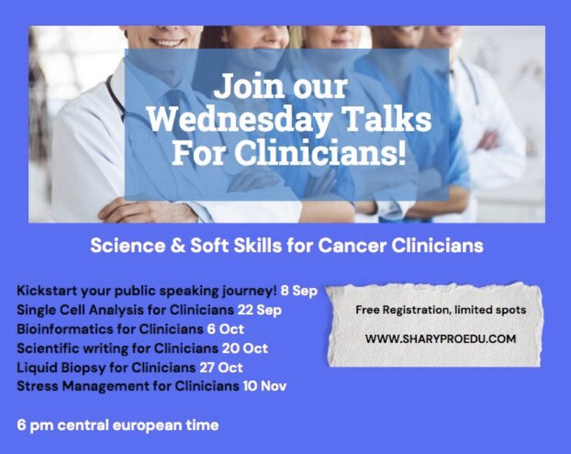 shary_pro's tweet photo. Lets spread the #knowledge. Join our new free #webinar series “WEDNESDAY TALKS FOR CLINICIANS” and learn how to Write ✍️ a #manuscript !

October 20, 2021 @ 6:00PM (Central European Time)

https://t.co/G6YYZX1QI7
#RESEARCH  #cancerresearch #article #writing #medicalwriting https://t.co/f5UoaFyeUS