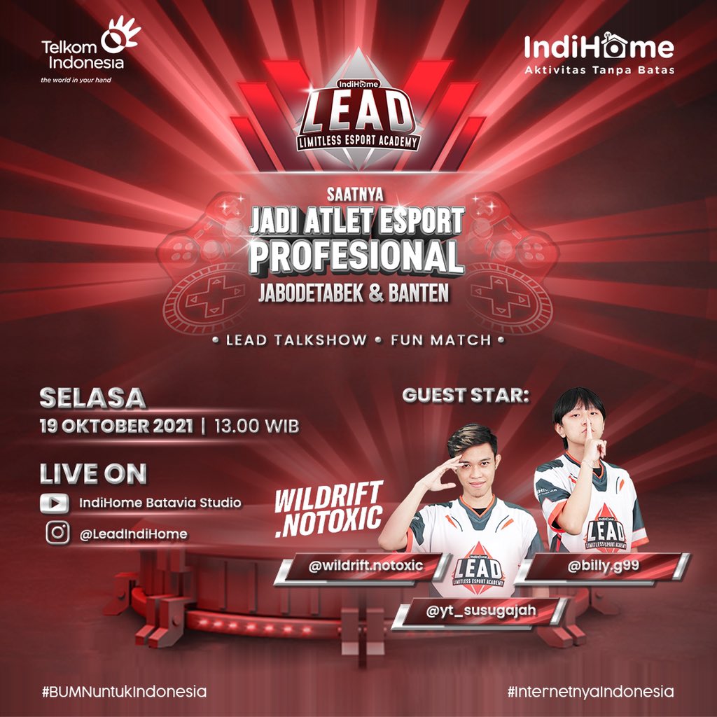 LEAD by IndiHome sebentar lagi akan berkunjung ke kota Jakarta loh 🎮
Akan ada sharing session bareng gamer profesional dan Fun Match dengan Komunitas Gamer!

Saksikan keseruannya di Youtube Channel IndiHome Batavia Studio dan Live Instagram @leadindihome

#BerlatihTanpaBatas