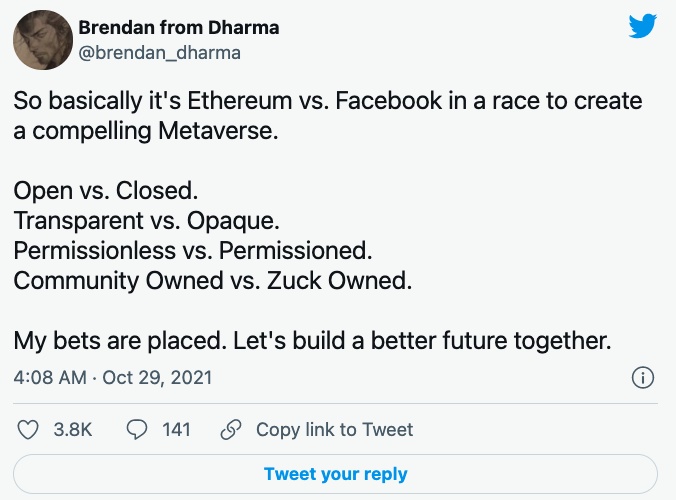 AnimalTrackers_'s tweet photo. Is it really a vs battle?  Definitely not!!  #Ethereum is by far superior to #Facebook, and will have a great path to a better future #Metaverse!

#ETH $ETH 📈 #EthereumArmy #EthereumFamily #CryptoArmy #CryptoGains #CryptoBulls #Crytpo https://t.co/ob4TkQdYAS