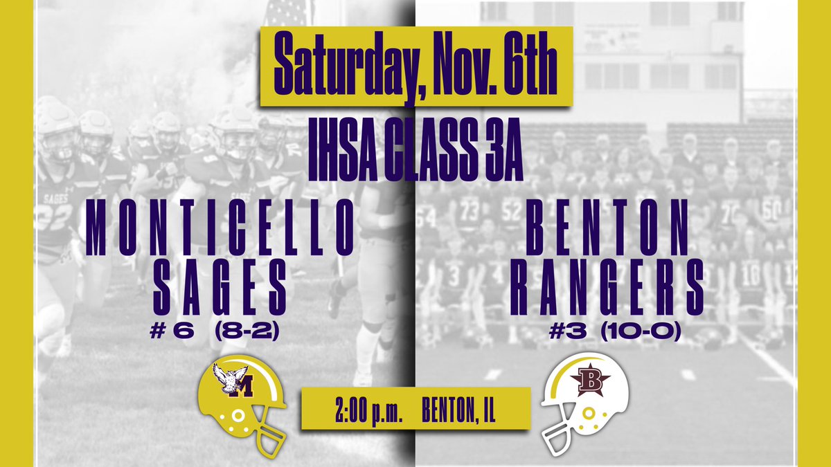 SagesAthletics's tweet photo. Round 2: @SagesFootball will travel to Benton, IL for a matchup vs the Rangers! Kickoff 2:00 pm #RoadToDeKalb #GoSages #WinAndAdvance #OneGameAtATime https://t.co/wSkHGGwlxS