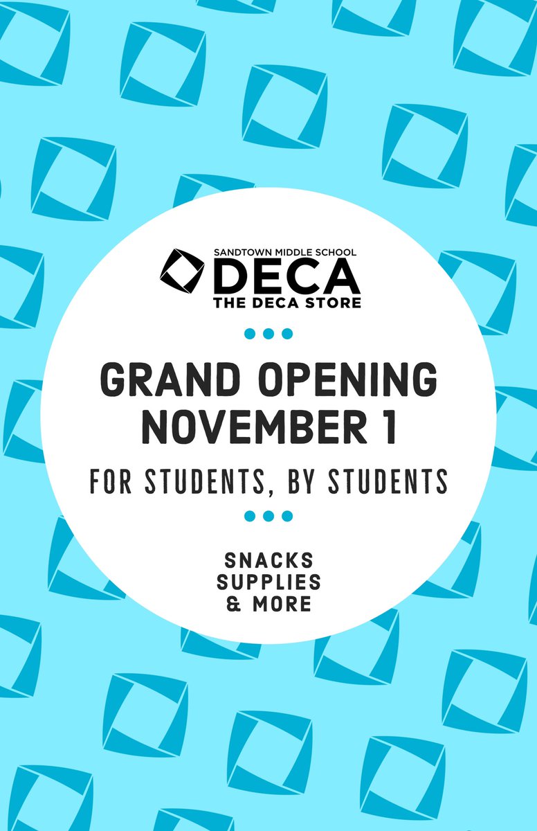 OneWestlakeDECA's tweet photo. Monday, November 1 is the Grand Opening of our School Store: The DECA Store! We are so excited to be opening our school’s first-ever School-Based Enterprise (SBE)!
@SandtownMS @DECAInc @Georgia_DECA @GeorgiaCTAE @DustinDavisCTE #DECASBE #DECA #MaxMomentum https://t.co/oUs4KtKWVI