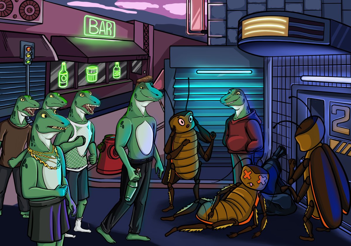 al_goanna's tweet image. @SLizardbrain won the inaugural Goanna bio comp so we&apos;ve illustrated his story which he&apos;ll receive as a minted NFT. 

It&apos;s a weekly comp that is open to all holders so we can build up the lore of the Goannas.