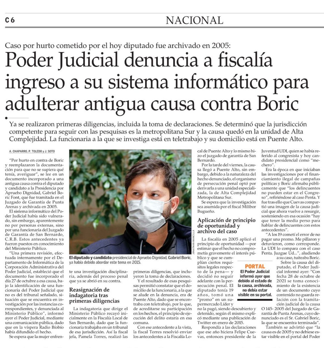 hcorralt's tweet photo. Esto es grave, y habla mal de la seguridad del portal del @PJudicialChile. Esta vez el afectado ha sido el candidato Gabriel Boric. Debe ser repudiado si matices. @joseantoniokast hace mal al pedir que se den detalles de un proceso penal que ya fue explicado. https://t.co/VVcHdv1sRi