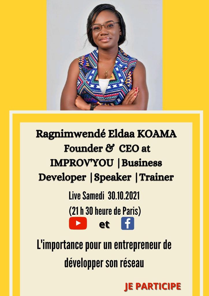 Ce samedi 30 octobre 2021 à 19h30, je participe au Live sur le thème suivant : L'importance pour un entrepreneur de développer son réseau

Pour assister au Live, c'est ici: youtu.be/GJaJwqinTMI

#Femme_Victorieuse 
#blessings