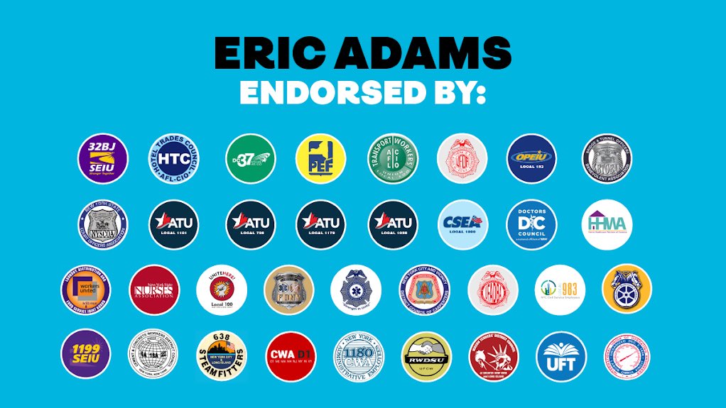ericadamsfornyc's tweet photo. As the son of a @DistCouncil37 member, I understand the importance of strong, effective unions. That's why each of these endorsements, representing every corner of our workforce, means so much to me.

Workers deserve a friend in City Hall, and as Mayor, that’s the leader I’ll be. https://t.co/hdoTE0shbo