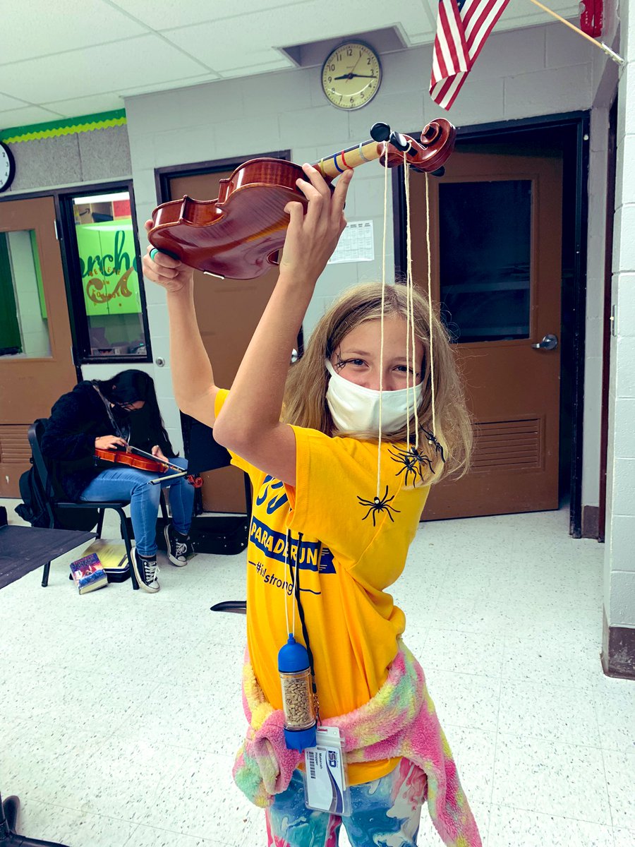 MsWowISD's tweet photo. Who says instruments can’t celebrate Halloween, too?! We love our orchestra tradition of dressing up our instruments and playing “spooky sounds”! 👻🎻 #isdstrong #bridgerbold #orchestra #happyhalloween https://t.co/d5s6g8cR5n
