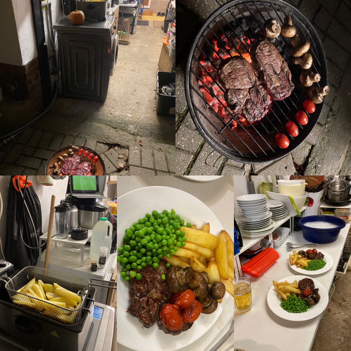 Charred rib eyed steak and proper chips in the temporary garage kitchen, so much better than a takeaway