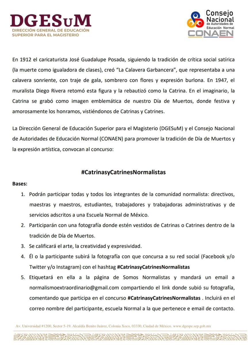CIFDgo's tweet photo. Los invitamos a participar 
En el concurso 
Catrinas y Catrines Normalistas

#NormalistasDeDurango @MarchaChavez @normalistasomos @SEED_Dgo @DrMiguelEstrada @ruben_calderonl @IesenR @camdurango @ENPCAC @BycenedOficial https://t.co/uVkiIYDk7m