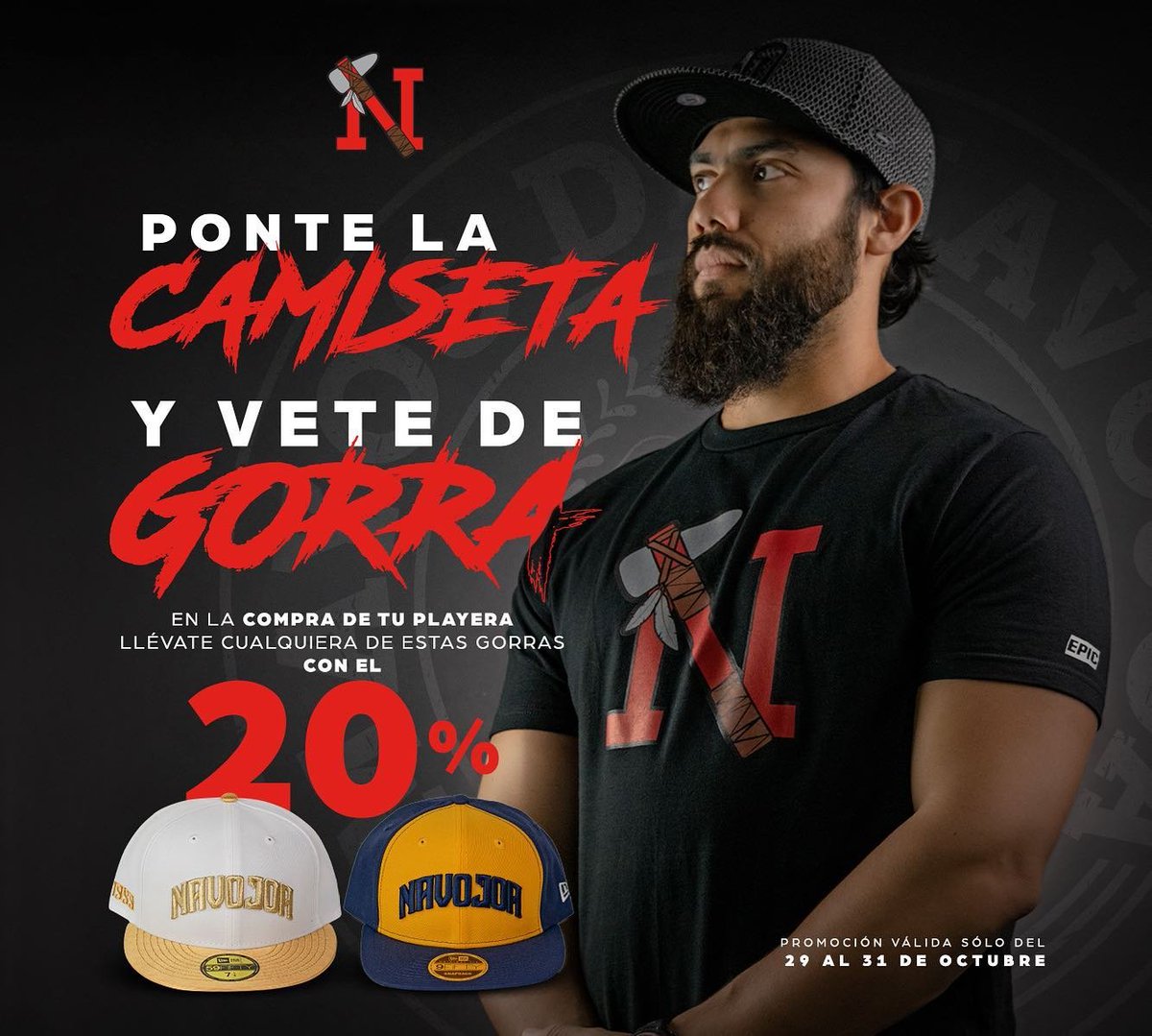 OficialMayos's tweet photo. Prepárate para el segundo juego de la serie de tribus 🏹
En la compra de tu camiseta de Mayos roja o negra N con hacha, llévate un 20% de descuento en los modelos de gorra que diga NAVOJOA 🔥
#PoderMayo #MayosDeCorazon❤️🔥 https://t.co/EsFzz20s5R