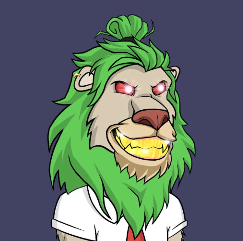 My this King is so Noble, Generous, Peaceful and Bright. with BTC Eyes, Golden Teeth and Gold Hoop Earring; Green Mane, Tan Body, White Business Shirt and Mithril Background. Extremely Rare!!! <a href="/LazyLionsNFT/">Lazy Lions 👑</a> #LazyLions #ROAR