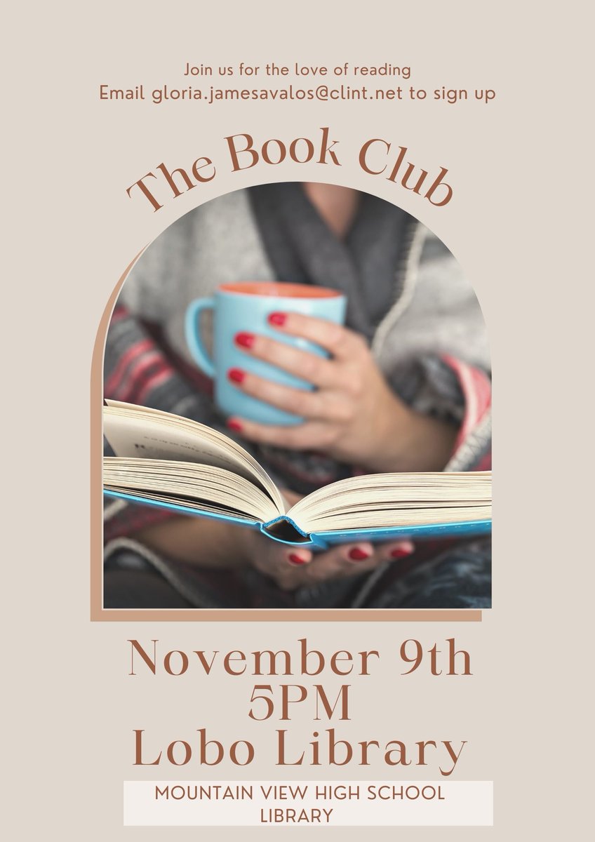 AvalosLibrarian's tweet image. Join us for our First Annual Community Book Club, open to adults 18 and over. November 9th 5PM at the #LoboLibrary. Email me at gloria.jamesavalos@clint.net or comment to join! #WeAreClintISD @Library_EMMS @MveLibrary @JParker_CISD @RTMVHS @CAragon_CI #ClintISDLibraries