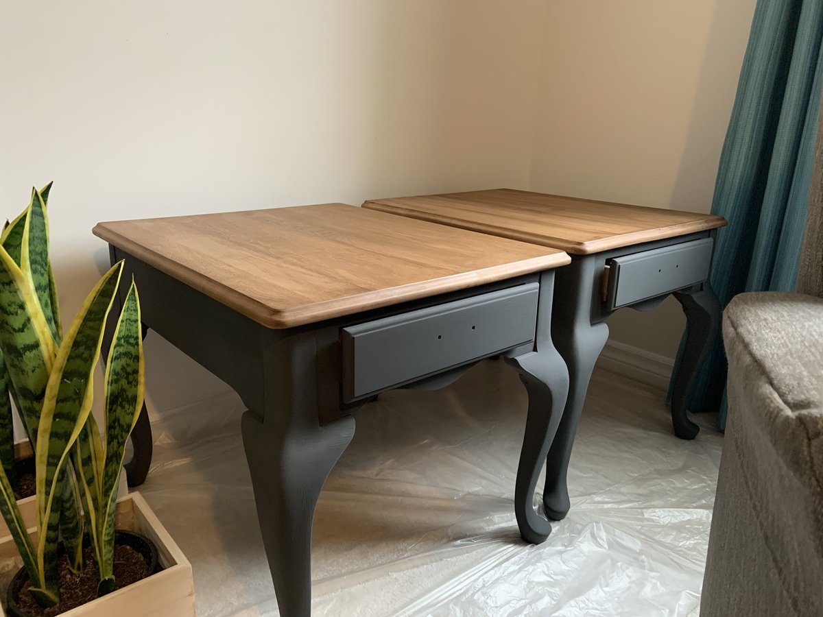 Took a short staycation this week and flipped a pair of nightstands. Walnut stain and charcoal base. Letting them fully dry before coating the top.
