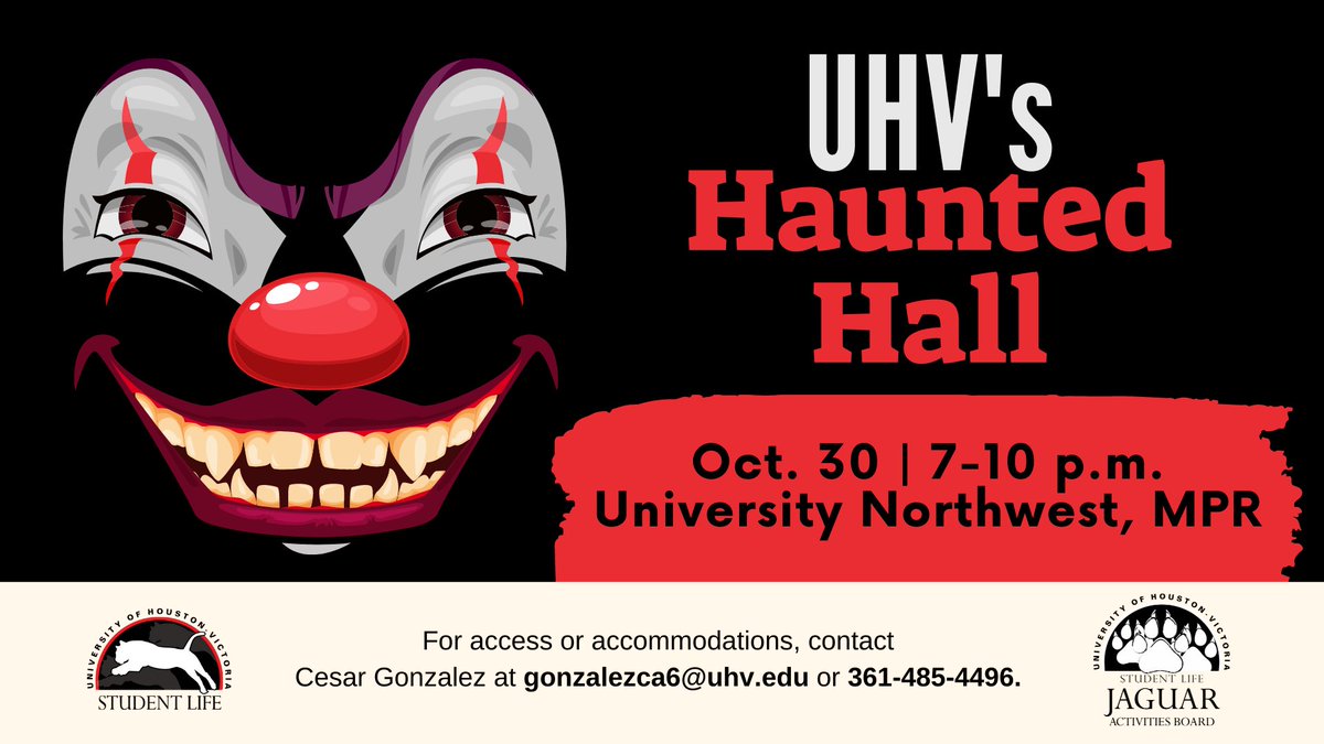 uhvjab's tweet photo. Don't forget to join us TONIGHT for UHV's Haunted Hall! Open to the public for FREE at University of Houston-Victoria Northwest, 1604 E. Airline Road from 7-10 p.m.! BE THERE TO BE SCARED! #UHVJAB #JAXNATION #HauntedHall π»π± https://t.co/IdRJqgOr6g