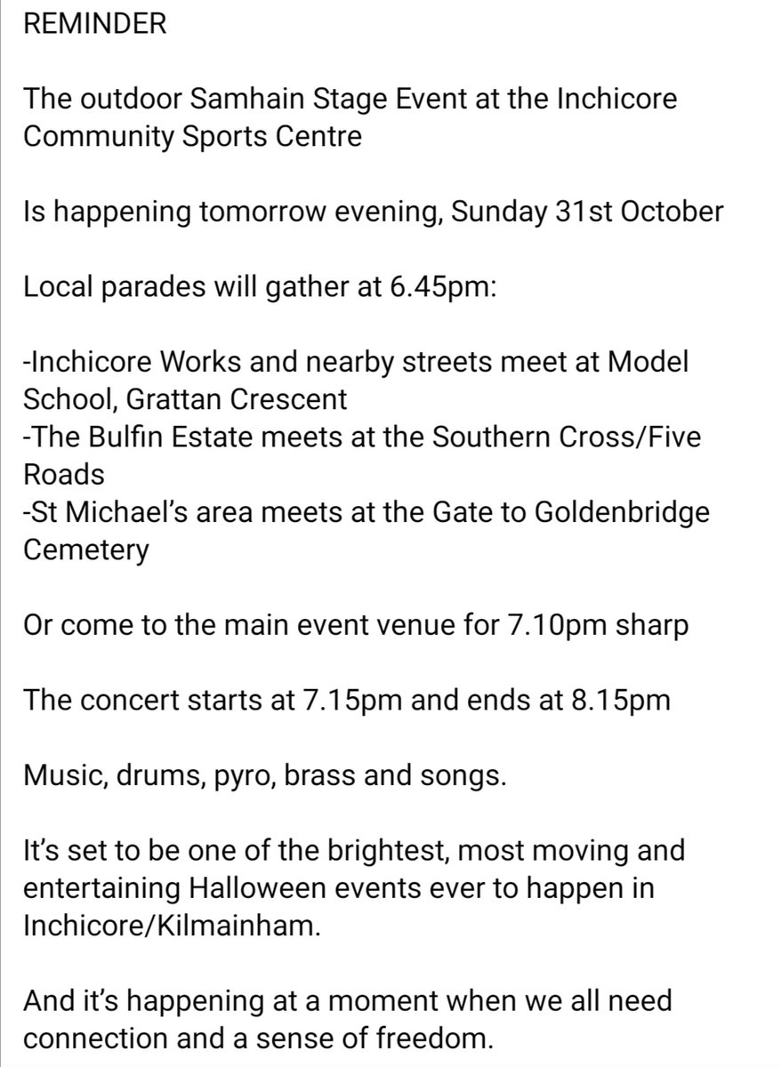 InchicoreEnviro's tweet photo. Samhain! Tomorrow night, after trick or treating! At Inchicore Sports Centre https://t.co/1QrGllyQFf