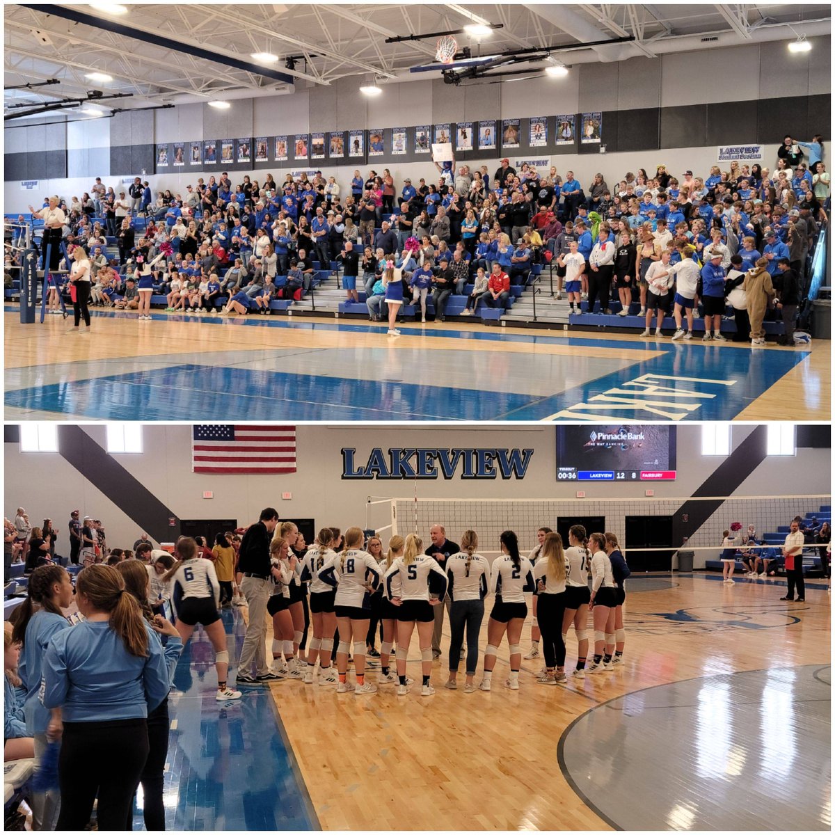 New gym same result! Lakeview Volleyball wins the DISTRICT CHAMPIONSHIP! They will return to state for the second year in a row playing at PBA on Wednesday at 3PM. BOOYAH! #lakeviewvikes
